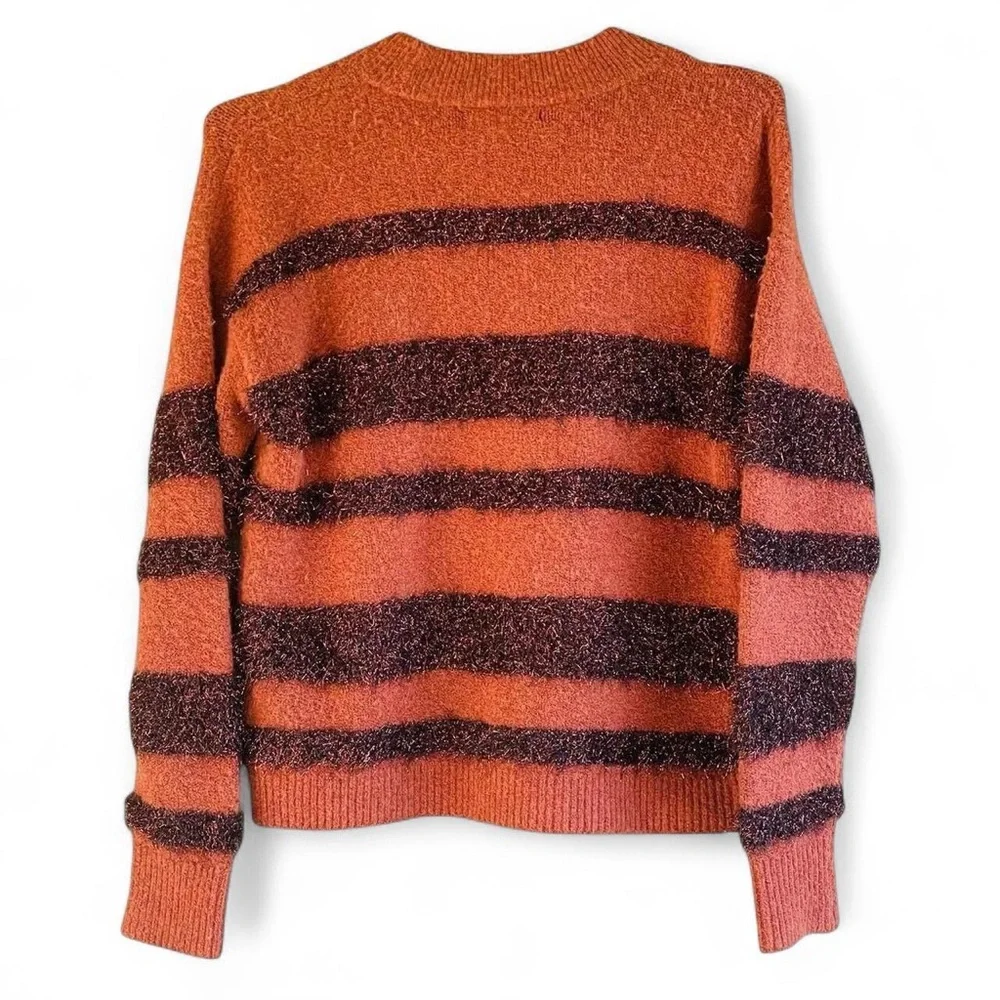 Madewell Fuzzy Striped Knit Sweater – Rust Brown Metallic Cozy Fall Pullover - Picture 3 of 8